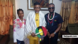 A Biafra Musician Ozo Prince Chukwubuzor Mba (Ozo Akajiofor Igbo II,  Ozo Ementaemeimo 1) known as Don Prince aka Sampe stand with Princess Nnenna E Okoye and the Leader of Indigenous People Of Biafra (IPOB) Mazi Nnamdi Kanu (Ohamadike 1 of Biafra)