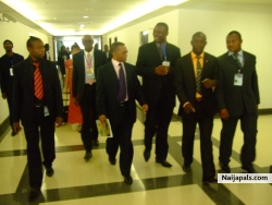 Dr Benard Etta,H.E David Phiri, Deputy minister of finance and national planning zambia, Jerry Blenman, Director Caladid Financial center Babardos and protocool team walking out of the vision 2010 global leadership conference center Yaounde Cameroon