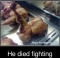 This chiken died while fighting....see the leg