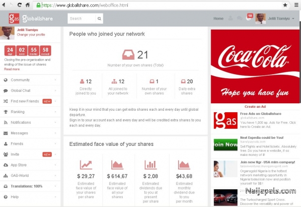 Hello, a friend from Naijapals. Dear friend, have u heard of GLOBALLSHARE. If not... EARN FREE SHARES FROM FACEBOOK ALTERNATIVE - GLOBALLSHARE WITH PROOF Become an owner gratuitously. Be the owner of the world' s vastest social networking website. Get your shares free. Do not miss the greatest chance of your life! Register free now! Join me now and start earning your shares by clicking on the link below: http://go1.in/signupwithgloballshare SEE PROOF OF MY TODAY EARNING STAT atta - click for next photo