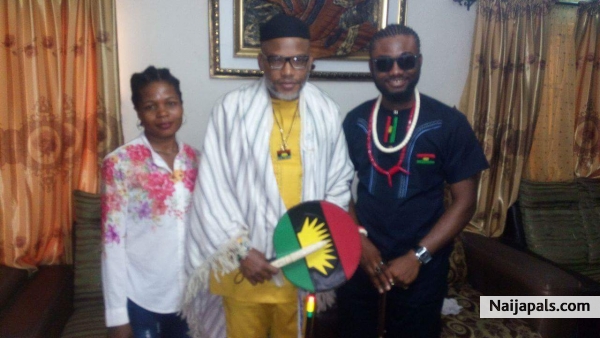 A Biafra Musician Ozo Prince Chukwubuzor Mba (Ozo Akajiofor Igbo II, Ozo Ementaemeimo 1) known as Don Prince aka Sampe stand with Princess Nnenna E Okoye and the Leader of Indigenous People Of Biafra (IPOB) Mazi Nnamdi Kanu (Ohamadike 1 of Biafra) - click for next photo