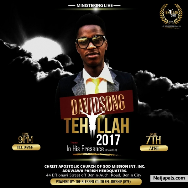 join me as we bring down the presense of God @tehilah 2017 christ apostolic church od God Aduwawa. come with and expectation as i will be ministering live along side pastor marvelous, min jonah and other great artistes. God bless - click for next photo