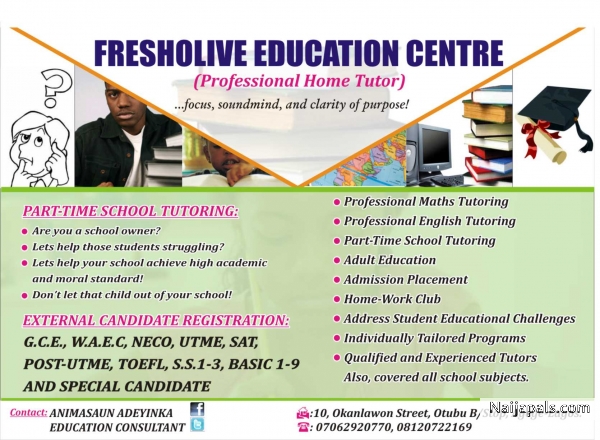 NEED A PROFESSIONAL HOME TUTOR! CALL 07062920770, 08120722169! EXTERNAL CANDIDATE REGISTRATION: - G.C.E., UTME, WAEC, POST UTME, BASIC 1-9, SPECIAL CANDIDATE. - click for next photo