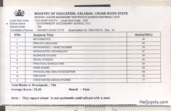 ProfSpyze junior waec result - click for next photo