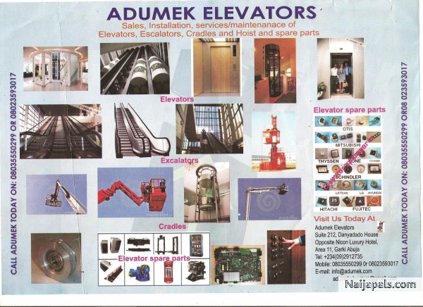 ADUMEK ELEVATORS: SALES, INSTALLATION, SERVICES/MAINTENANCE OF ELEVATORS, ESCALATORS, CRADLES, HOIST AND SPARE PARTS - click for next photo