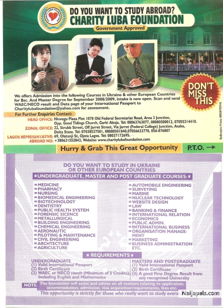 Do you want to study abroad follow this link charitylubafoundation.org - click for next photo