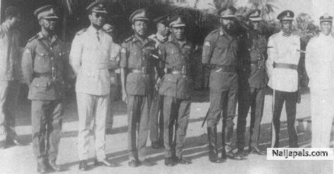 1969, at parade to celebrate the Second Independence Anniversary of Biafra; General Effiong is fourth from left; General Ojukwu, Head of State, is fifth from lef - click for next photo