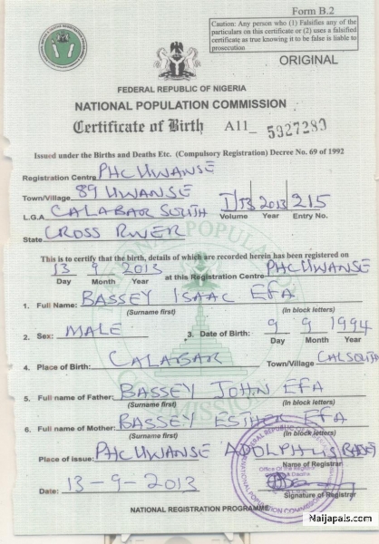 ProfSpyze certificate of birth - click for next photo